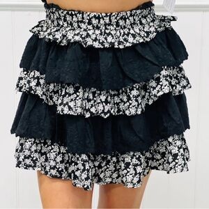 NWT - Listicle - Black Embroidered Floral Lace Tiered Mini Skirt - Womans Small